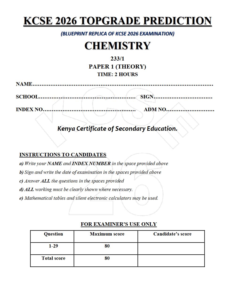 Preview of Form 4 KCSE Prediction Chemistry Paper 1 Prediction Paper 2026