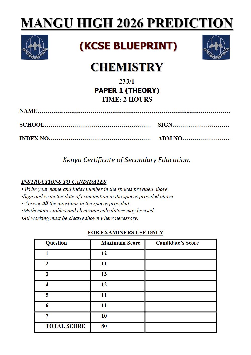 Preview of Form 4 KCSE Prediction Chemistry Paper 1 Prediction Paper 2026