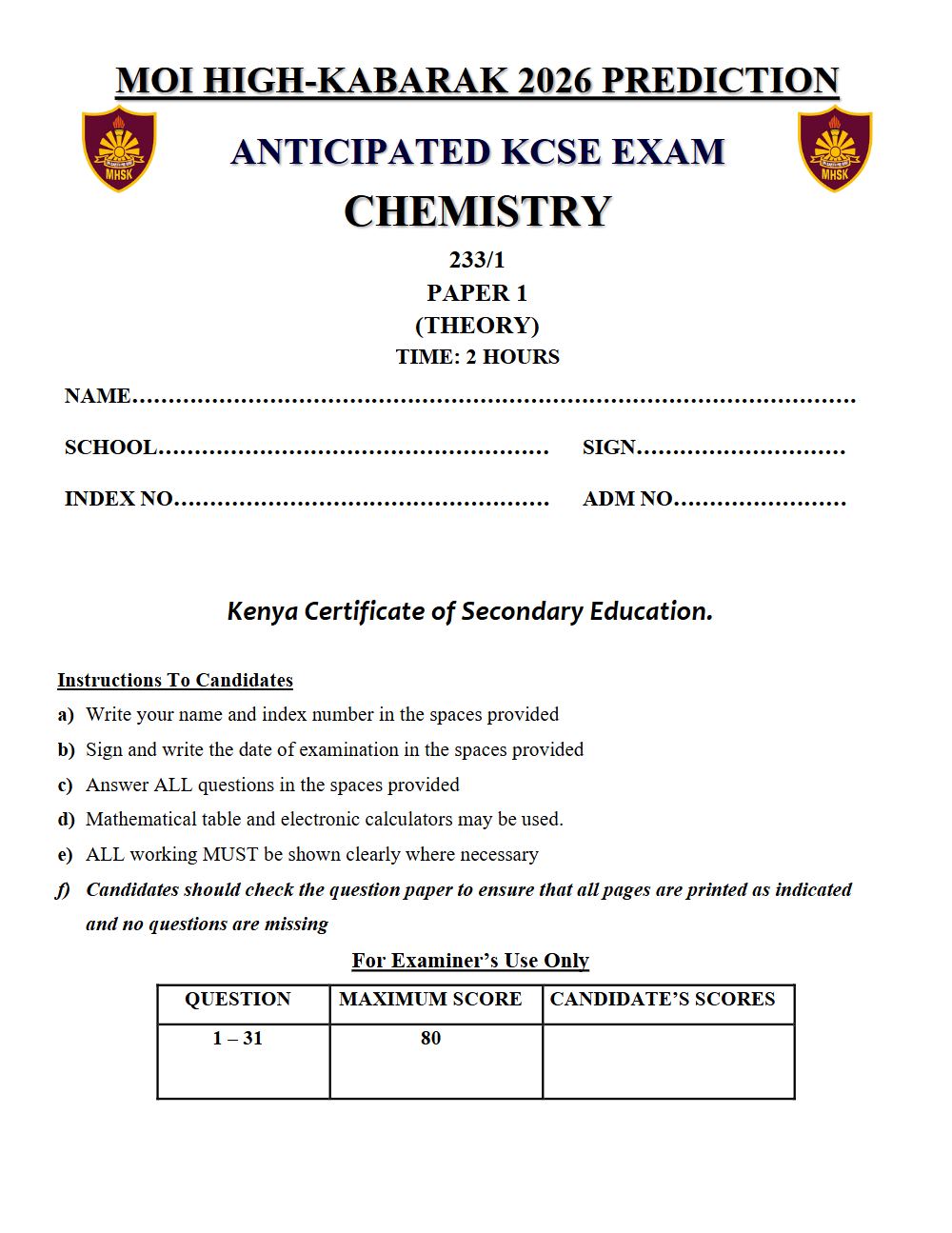 Thumbnail preview of Form 4 Chemistry Paper 1 KCSE Prediction 2026_25