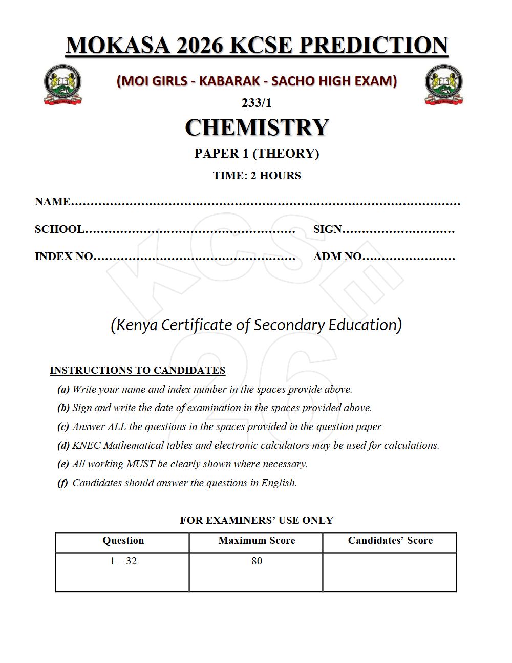 Thumbnail preview of Form 4 Chemistry Paper 1 KCSE Prediction 2026_26