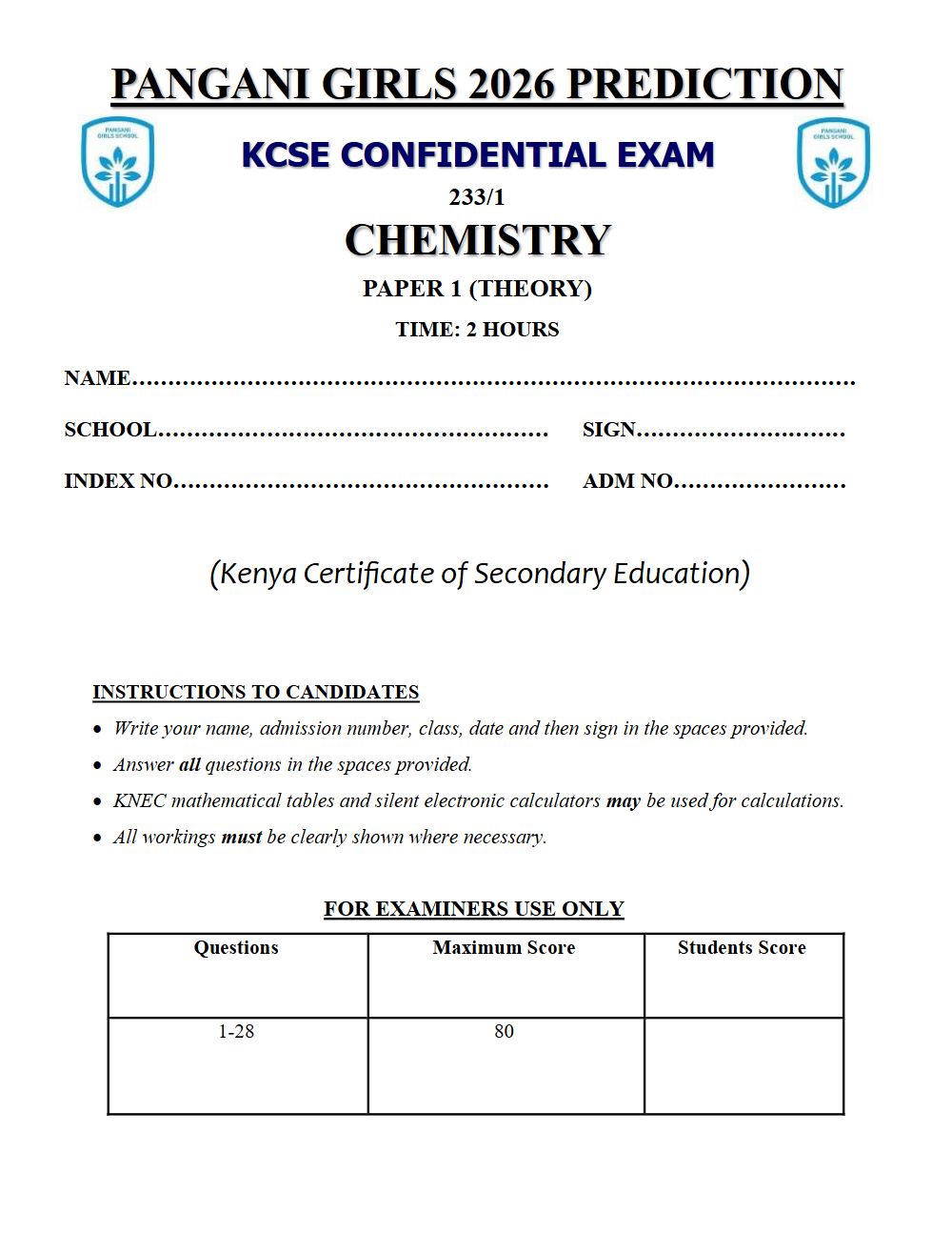 Thumbnail preview of Form 4 Chemistry Paper 1 KCSE Prediction 2026_29