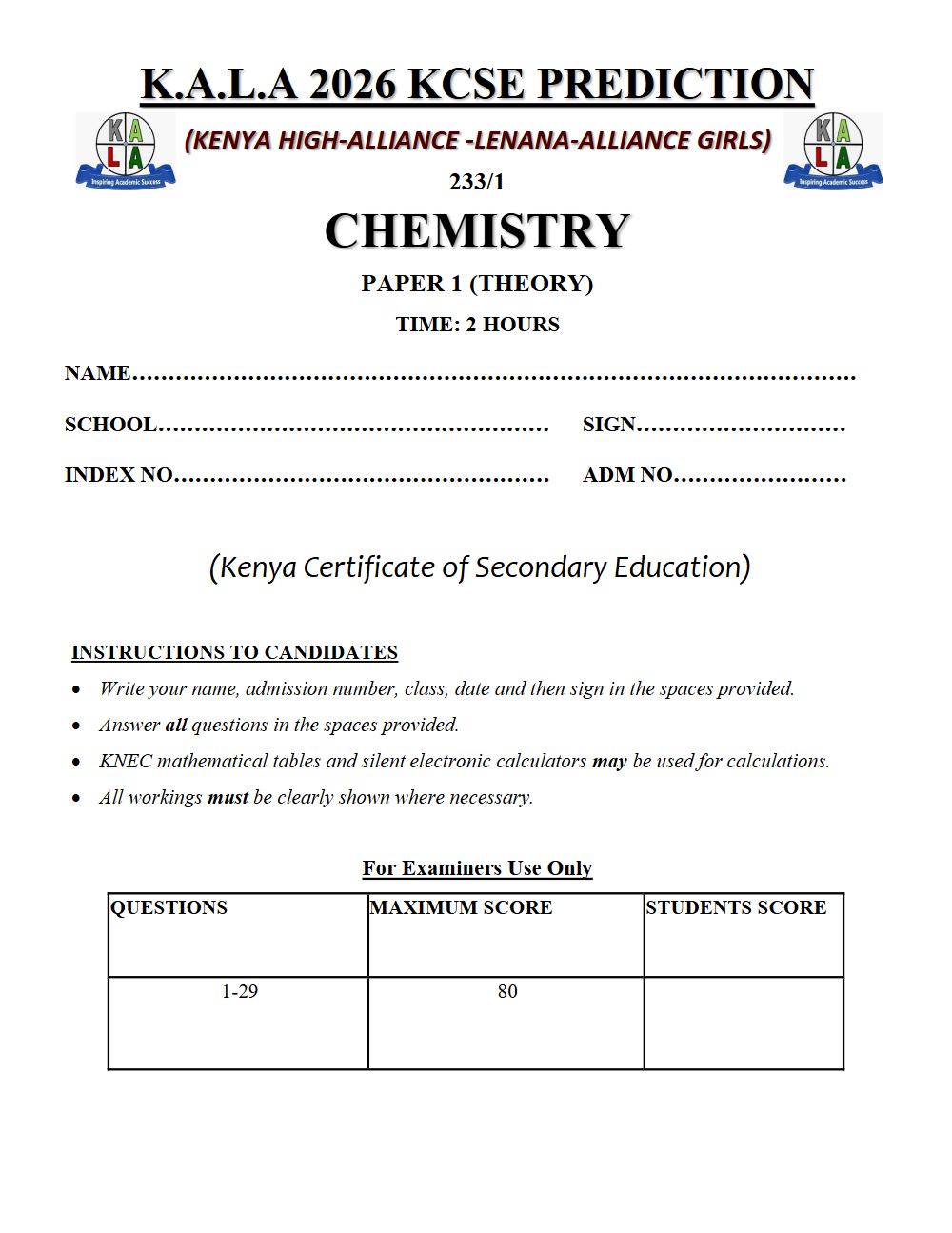 Thumbnail preview of Form 4 Chemistry Paper 1 KCSE Prediction 2026_9