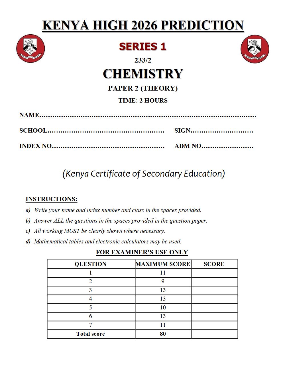 Preview of Form 4 KCSE Prediction Chemistry Paper 2 Prediction Paper 2026
