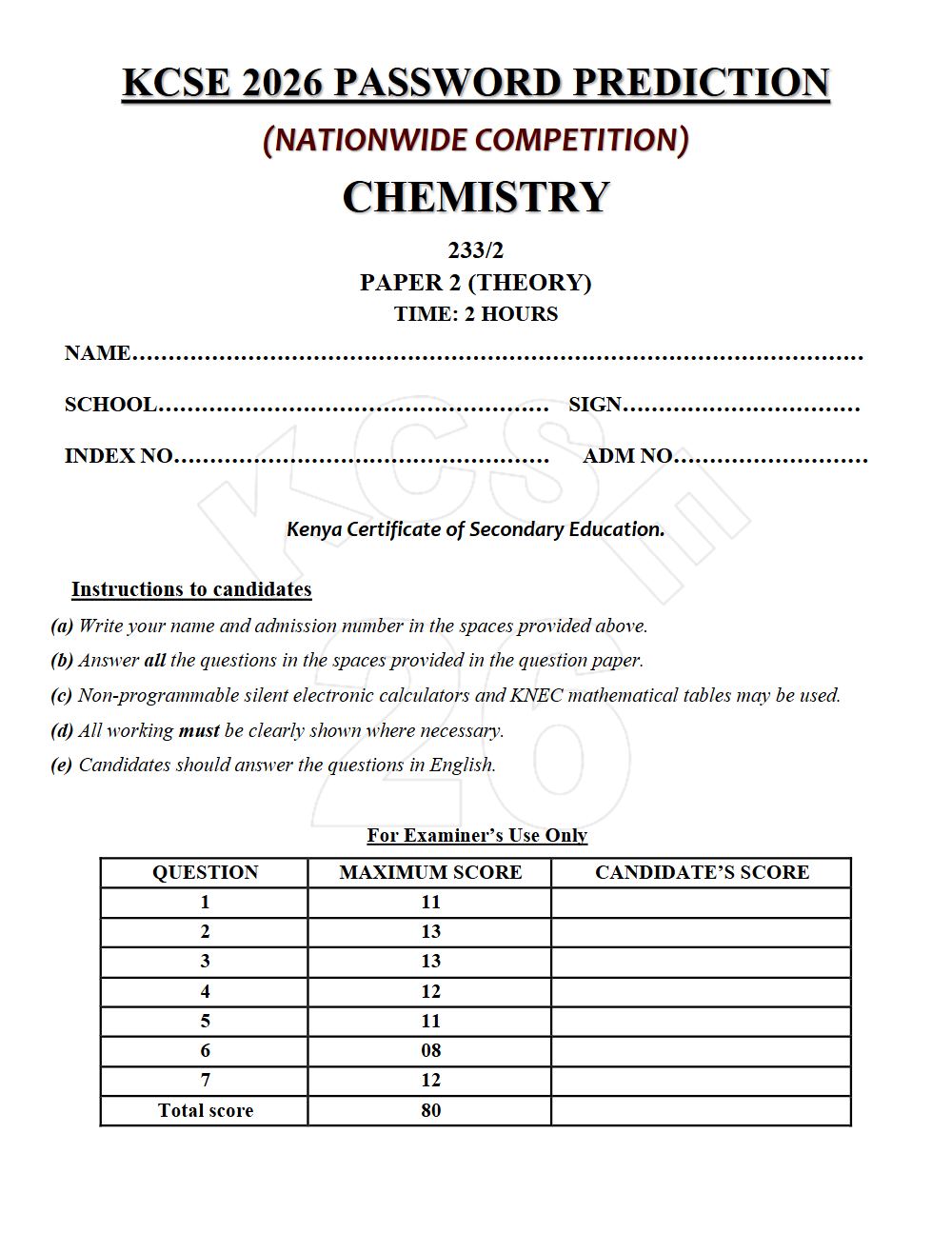 Preview of Form 4 KCSE Prediction Chemistry Paper 2 Prediction Paper 2026