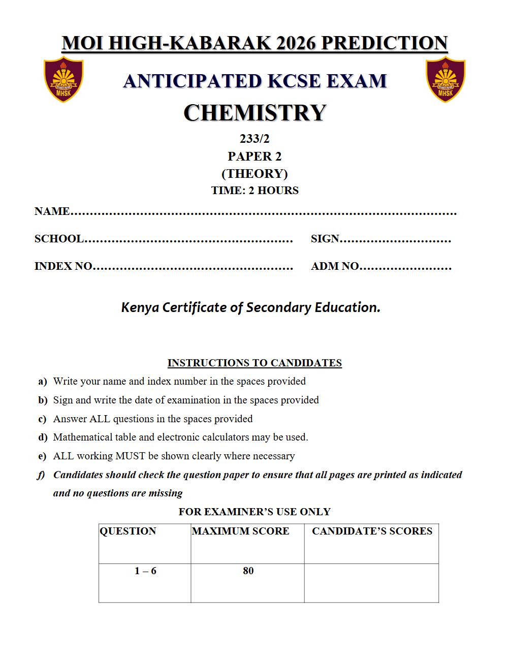 Thumbnail preview of Form 4 Chemistry Paper 2 KCSE Prediction 2026_25