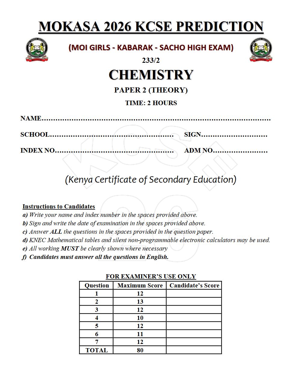 Thumbnail preview of Form 4 Chemistry Paper 2 KCSE Prediction 2026_26