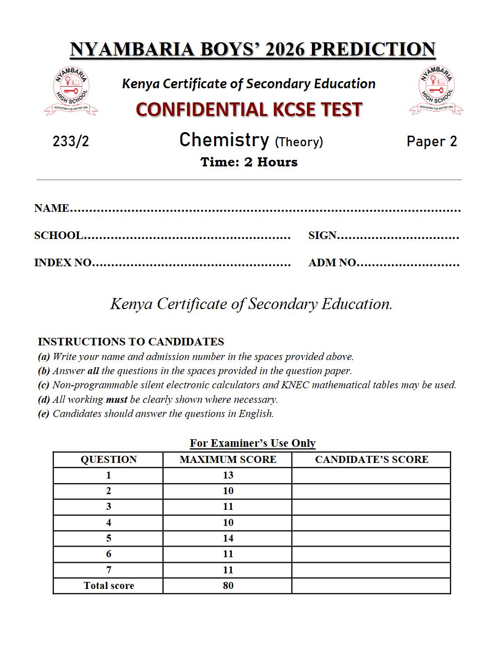 Thumbnail preview of Form 4 Chemistry Paper 2 KCSE Prediction 2026_28