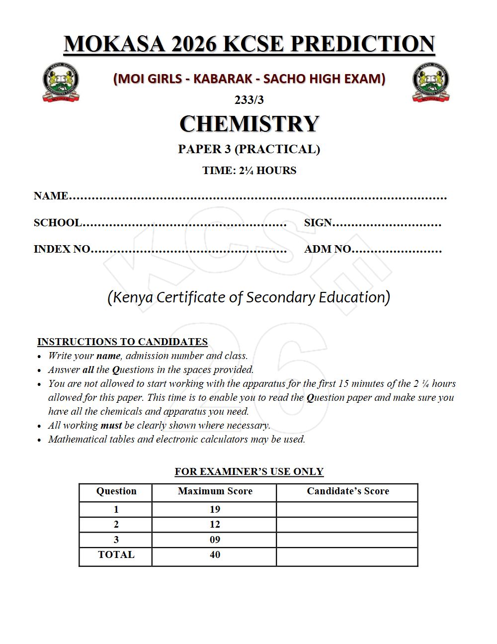 Thumbnail preview of Form 4 Chemistry Paper 3 KCSE Prediction 2026_26