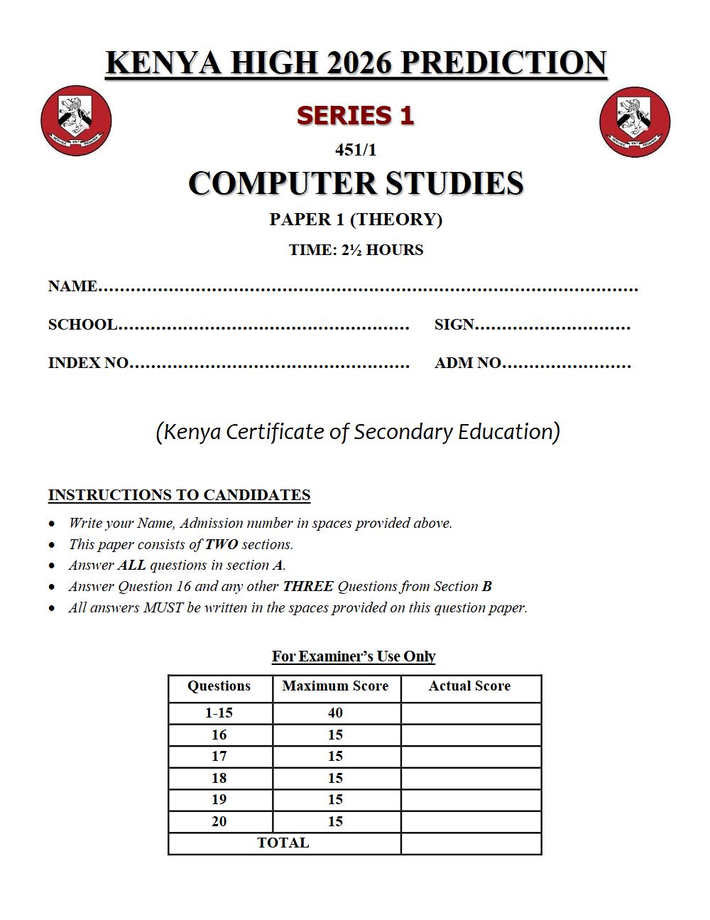 Preview of Form 4 KCSE Prediction Computer Studies Paper 1 Prediction Paper 2026