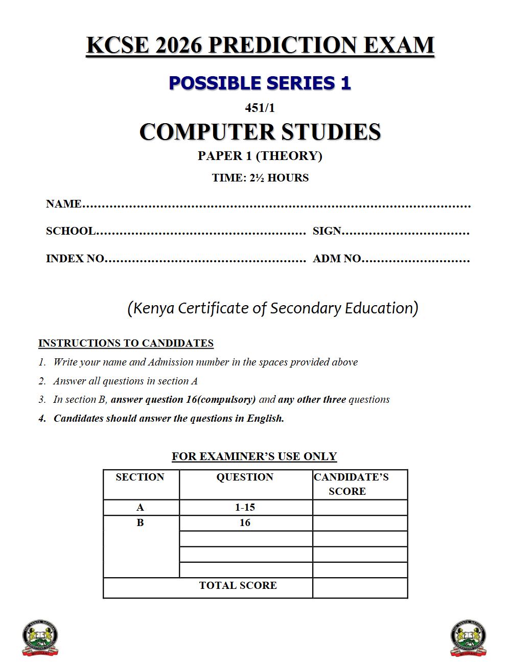Thumbnail preview of Form 4 Computer Studies Paper 1 KCSE Prediction 2026_14