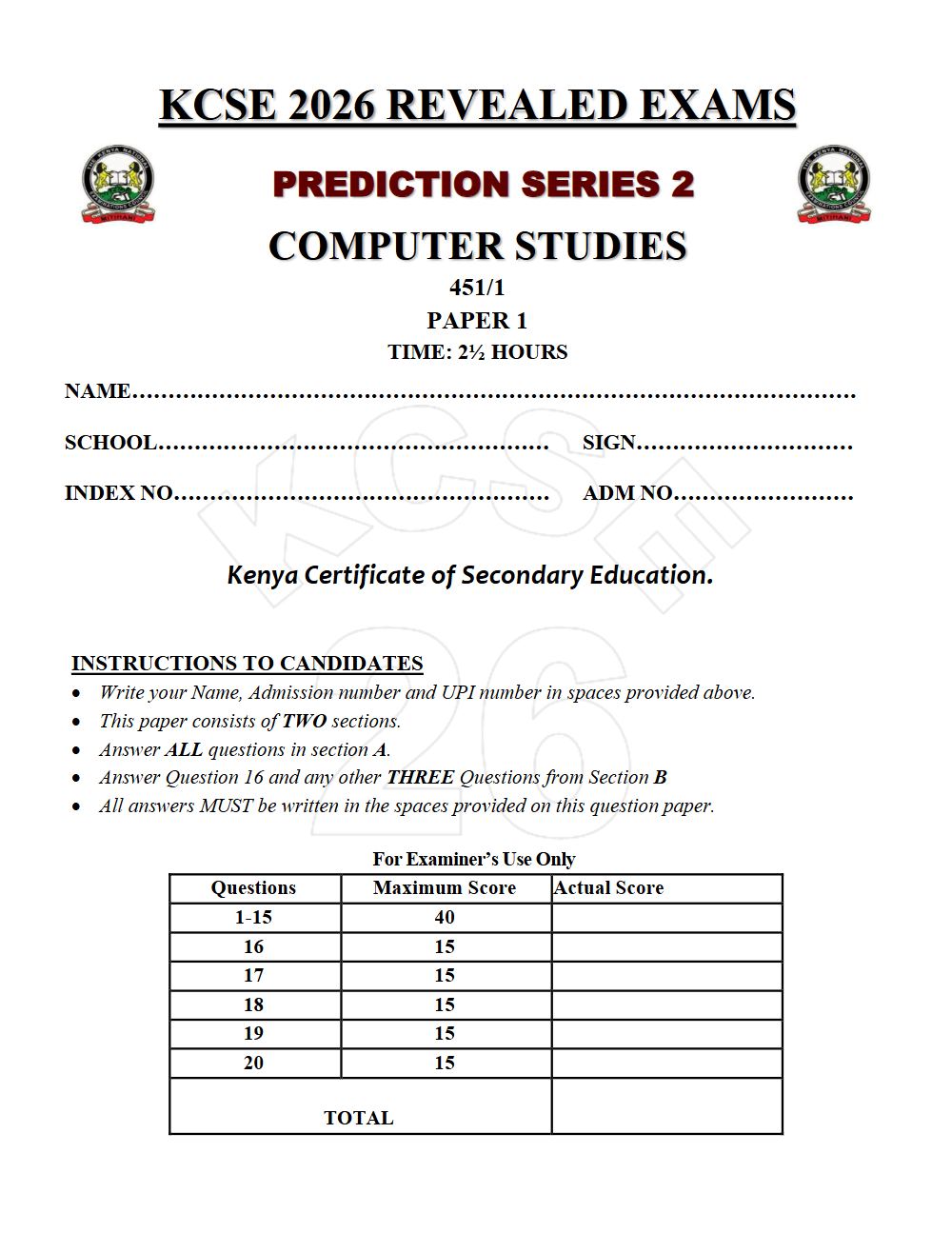 Thumbnail preview of Form 4 Computer Studies Paper 1 KCSE Prediction 2026_18