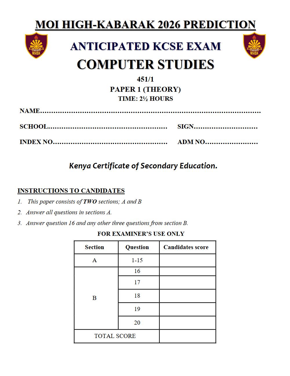 Thumbnail preview of Form 4 Computer Studies Paper 1 KCSE Prediction 2026_25