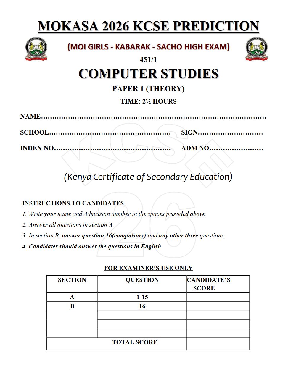 Thumbnail preview of Form 4 Computer Studies Paper 1 KCSE Prediction 2026_26