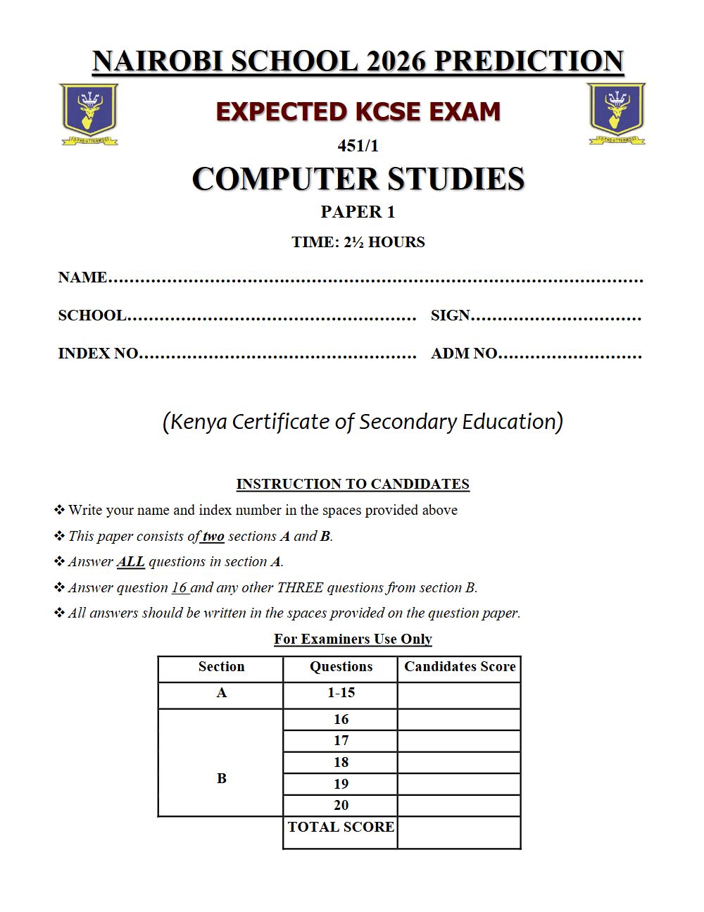 Thumbnail preview of Form 4 Computer Studies Paper 1 KCSE Prediction 2026_27