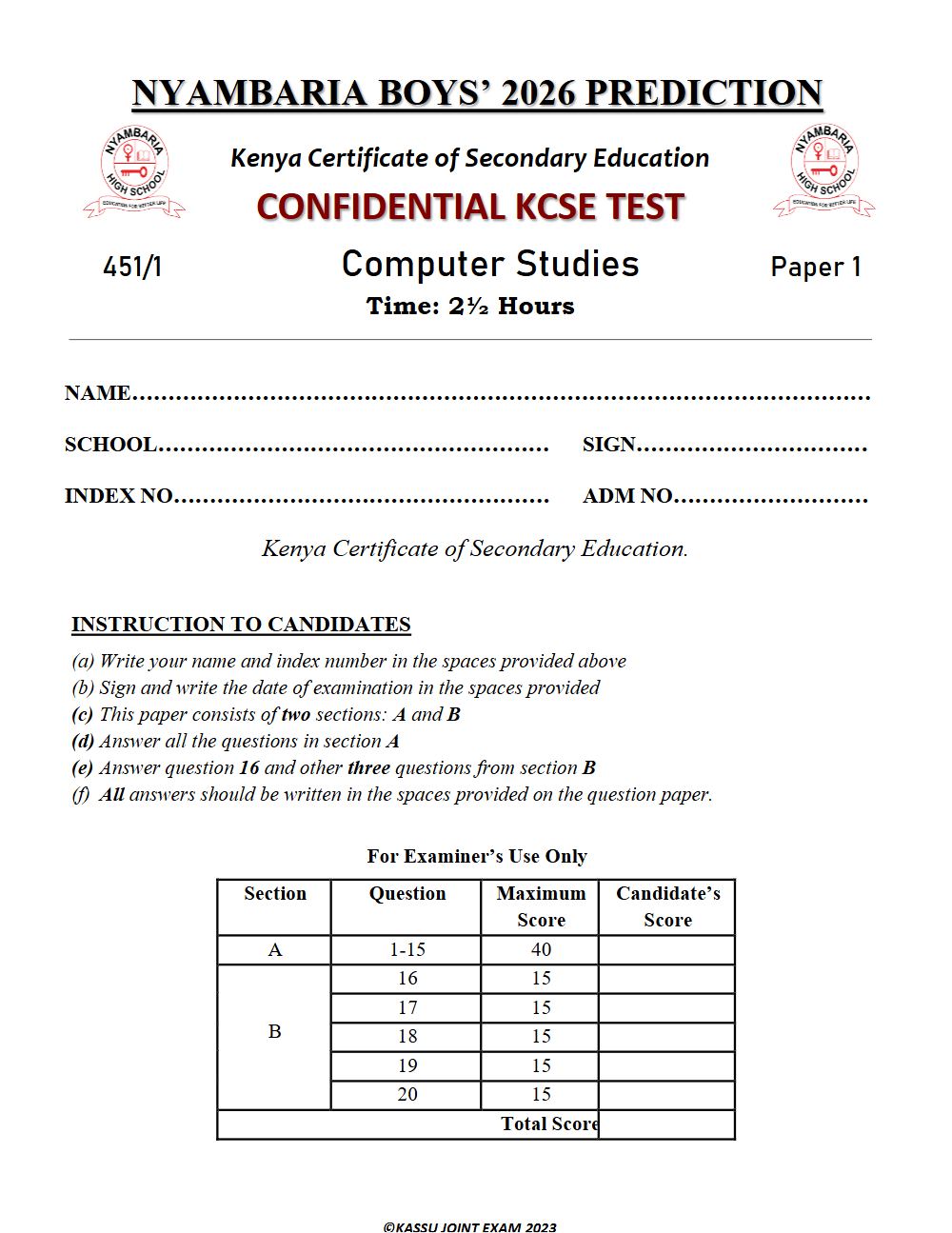 Thumbnail preview of Form 4 Computer Studies Paper 1 KCSE Prediction 2026_28