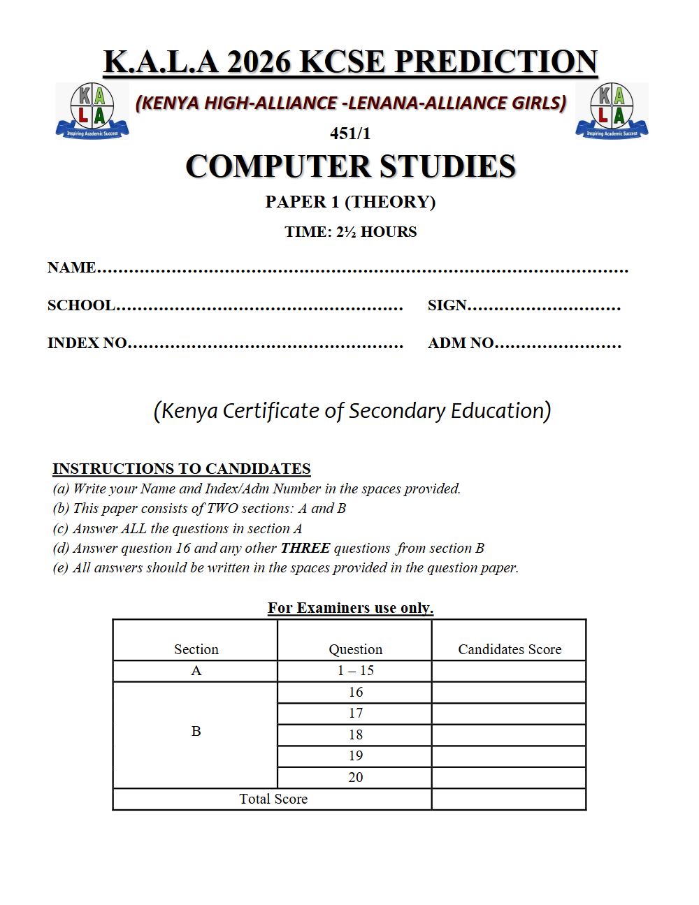 Thumbnail preview of Form 4 Computer Studies Paper 1 KCSE Prediction 2026_9