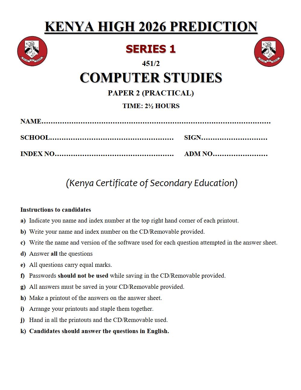 Preview of Form 4 KCSE Prediction Computer Studies Paper 2 Prediction Paper 2026