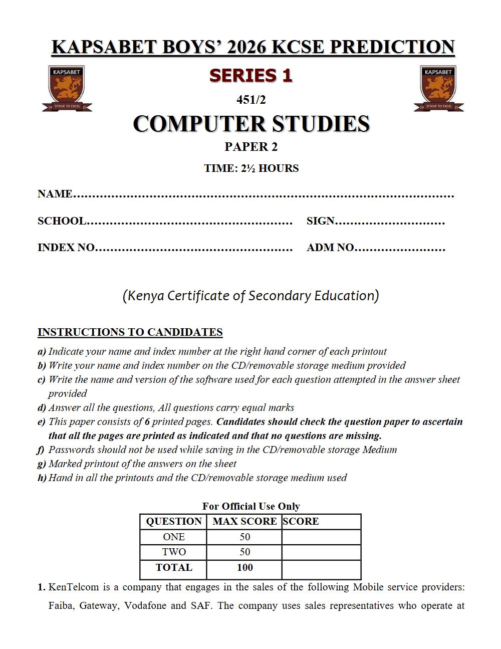 Preview of Form 4 KCSE Prediction Computer Studies Paper 2 Prediction Paper 2026