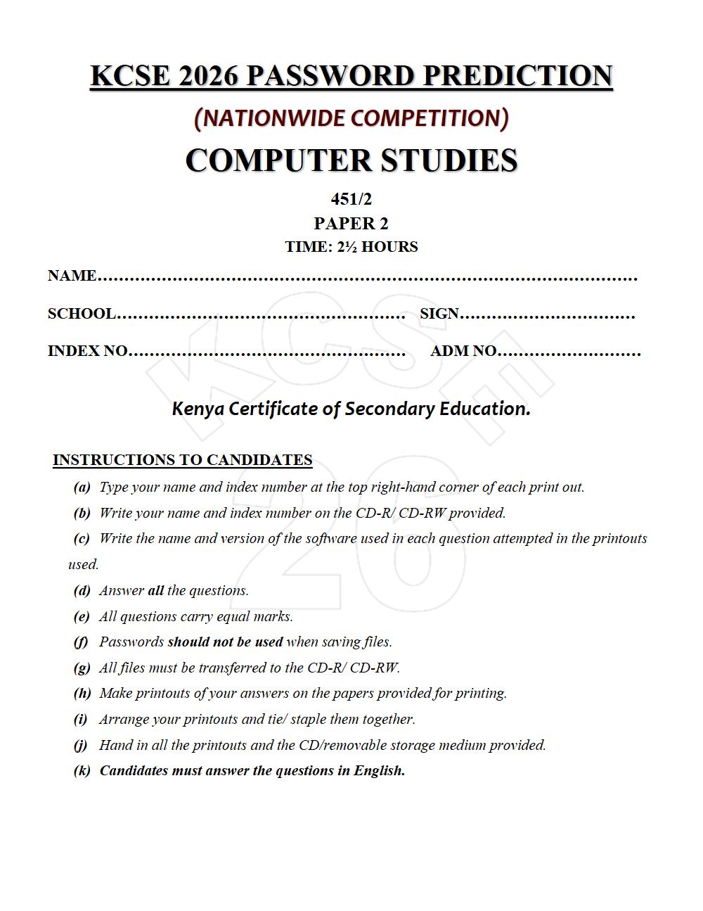 Preview of Form 4 KCSE Prediction Computer Studies Paper 2 Prediction Paper 2026