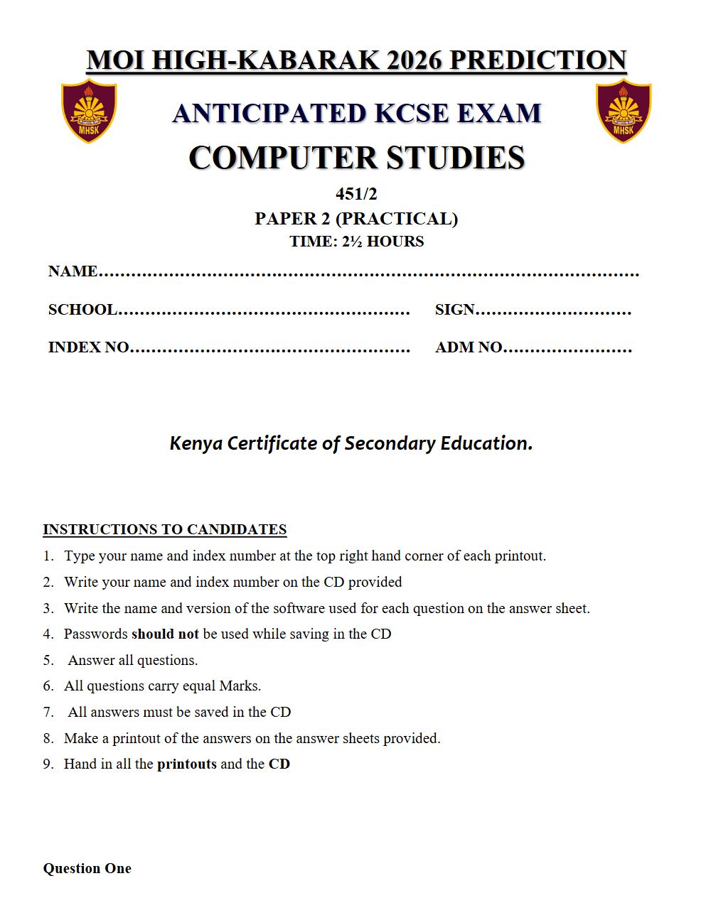 Thumbnail preview of Form 4 Computer Studies Paper 2 KCSE Prediction 2026_25