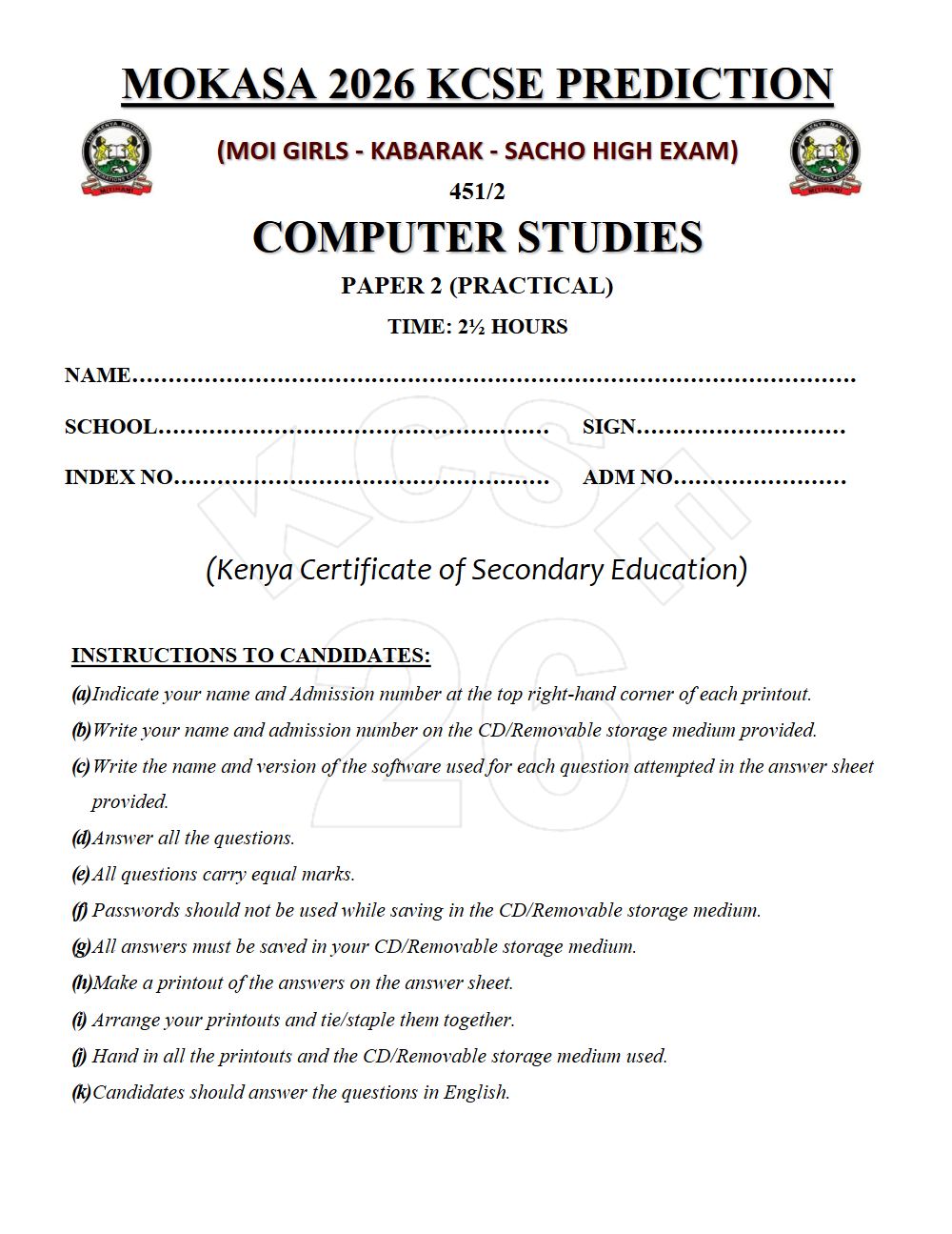 Thumbnail preview of Form 4 Computer Studies Paper 2 KCSE Prediction 2026_26