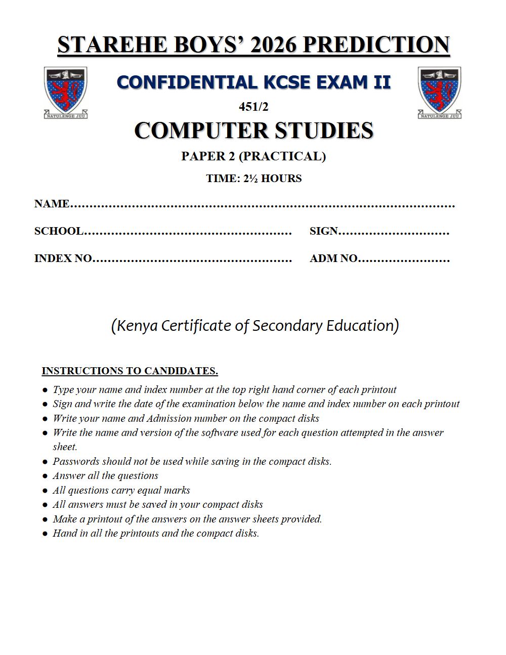 Thumbnail preview of Form 4 Computer Studies Paper 2 KCSE Prediction 2026_30