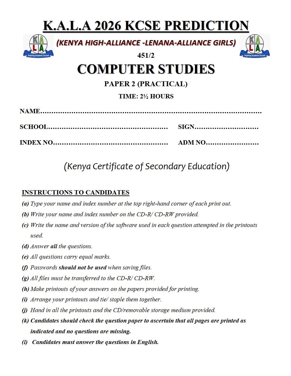 Thumbnail preview of Form 4 Computer Studies Paper 2 KCSE Prediction 2026_9