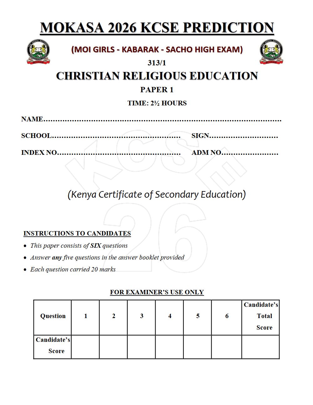 Preview of Form 4 KCSE Prediction Christian Religious Education (CRE) Paper 1 Prediction Paper 2026