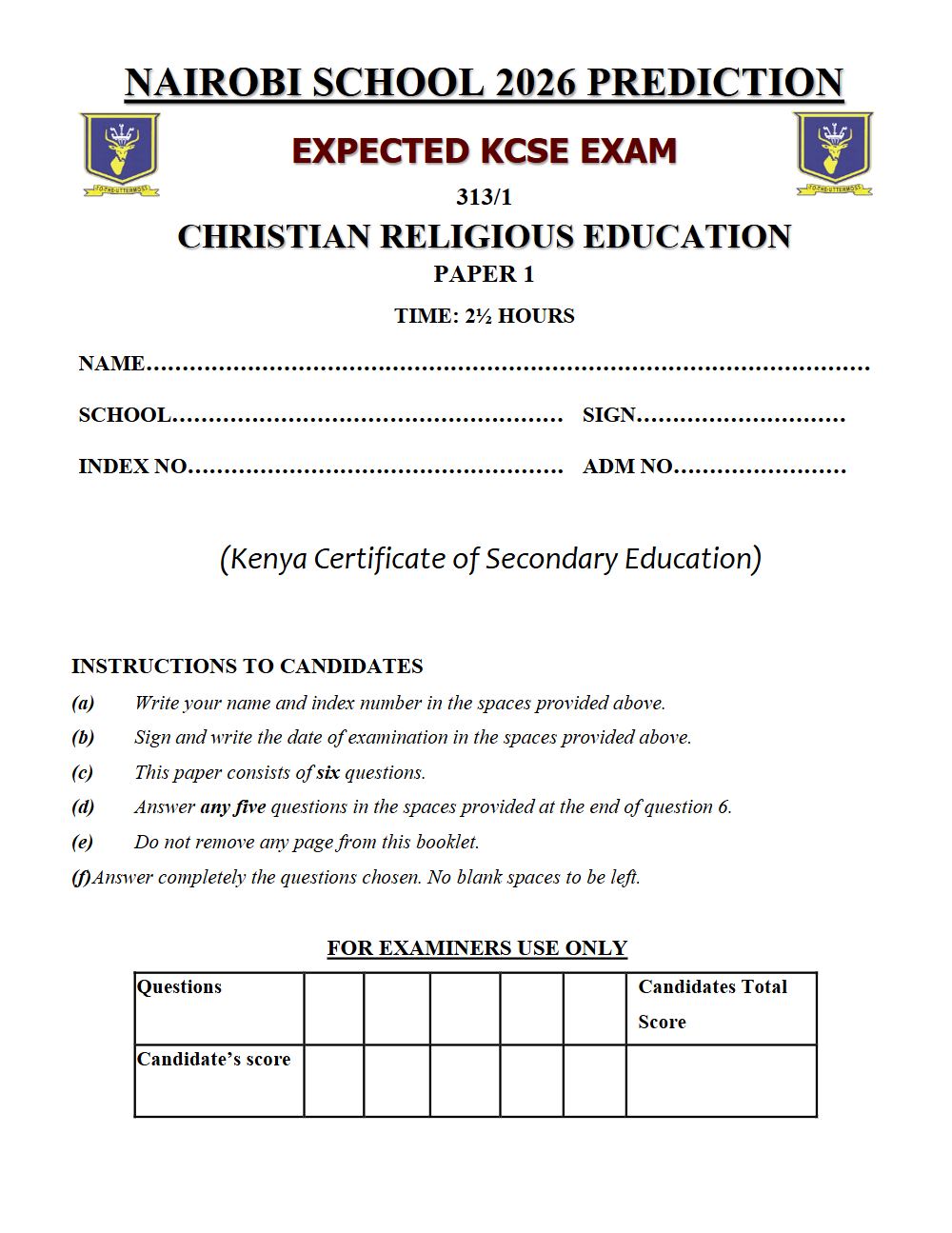Thumbnail preview of Form 4 CRE Paper 1 KCSE Prediction 2026_27