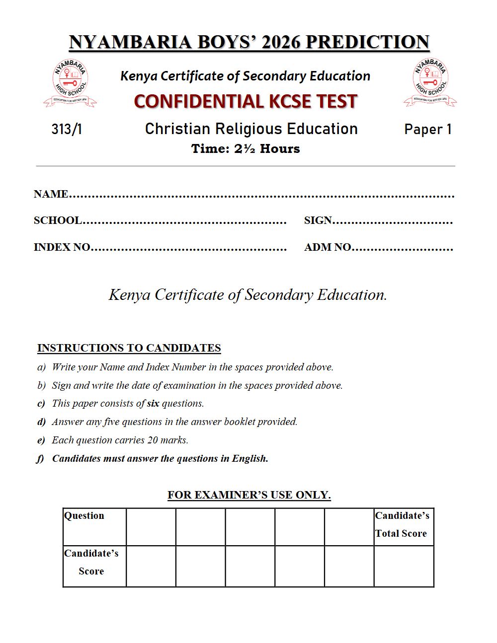 Preview of Form 4 KCSE Prediction Christian Religious Education (CRE) Paper 1 Prediction Paper 2026