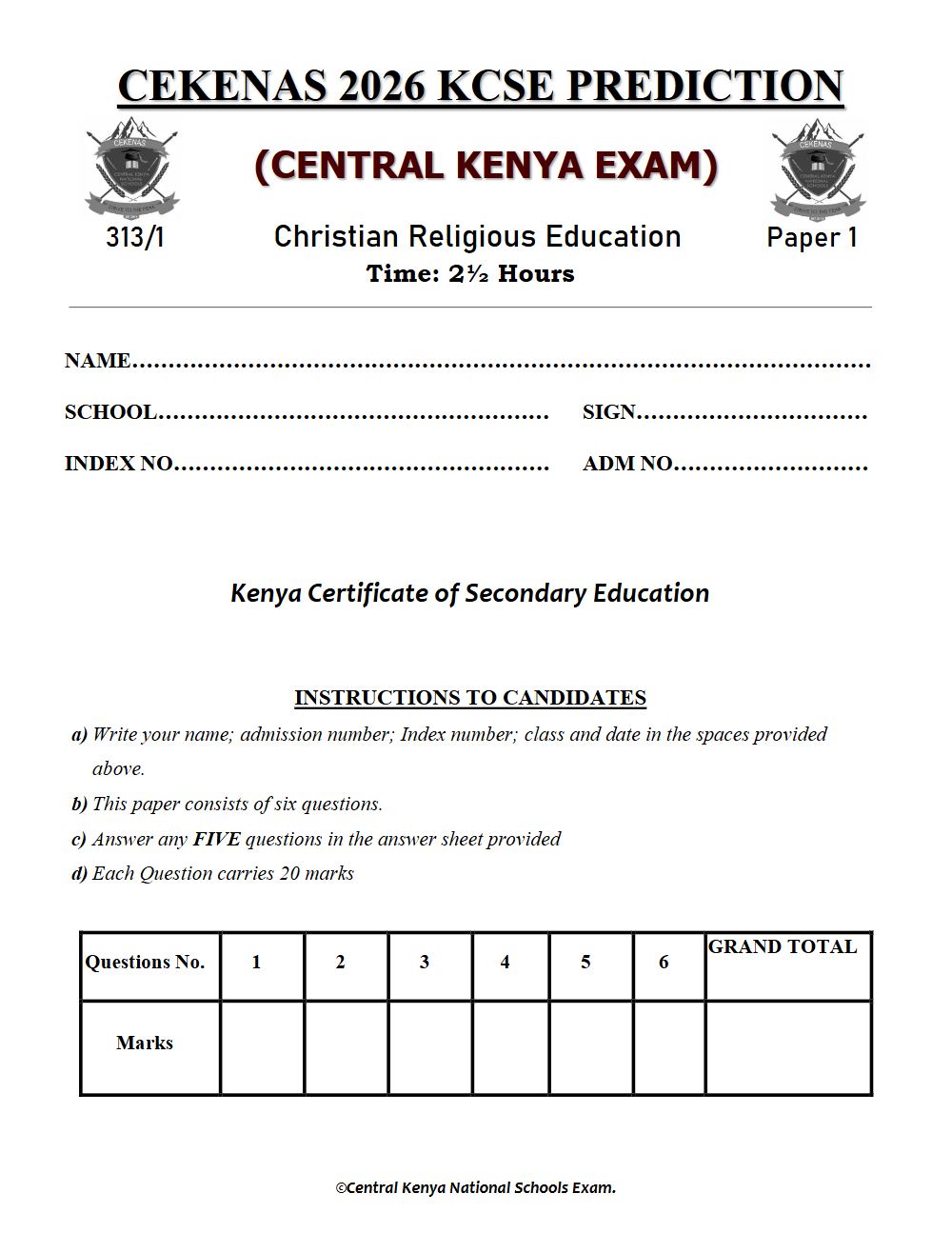 Preview of Form 4 KCSE Prediction Christian Religious Education (CRE) Paper 1 Prediction Paper 2026