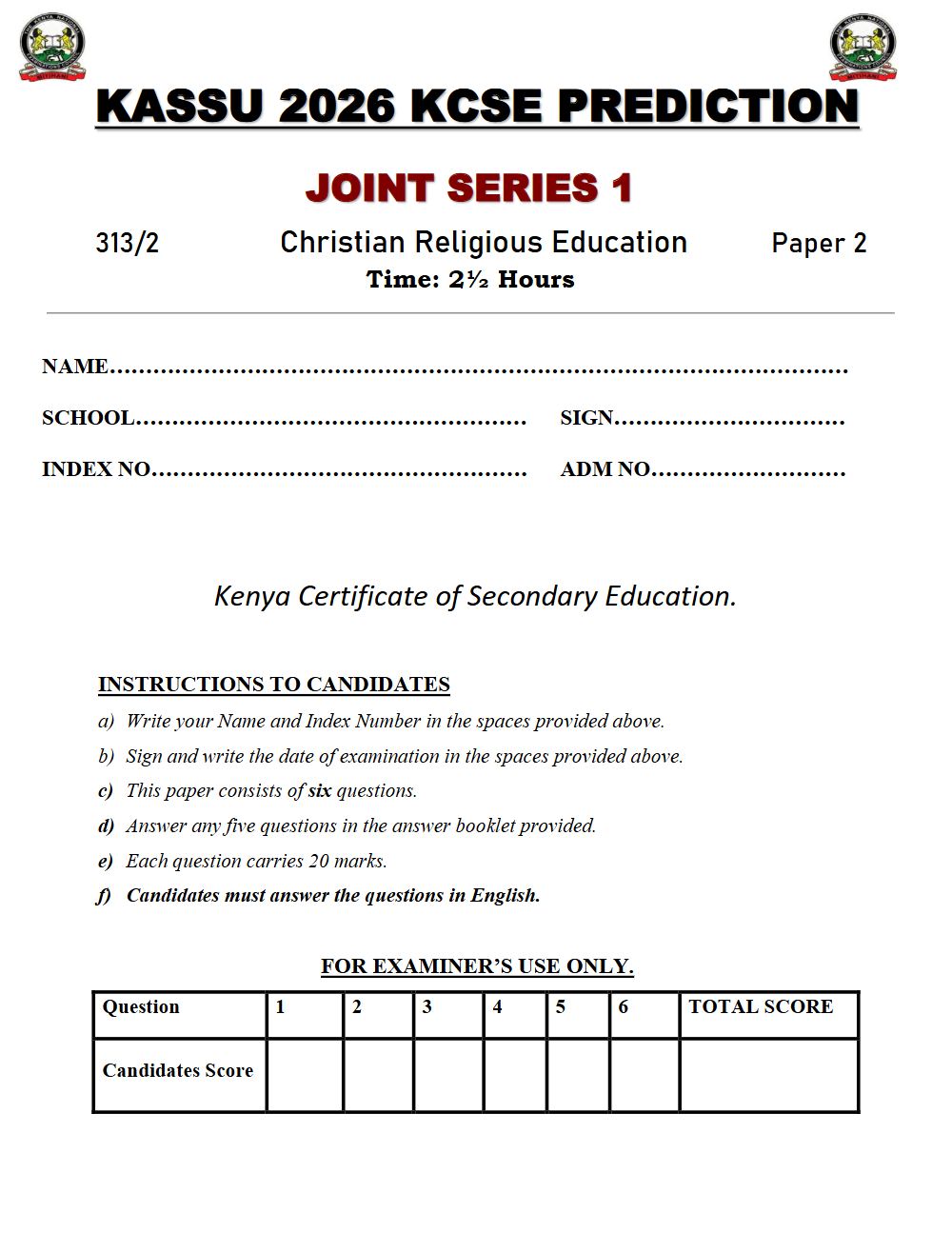 Preview of Form 4 KCSE Prediction Christian Religious Education (CRE) Paper 2 Prediction Paper 2026