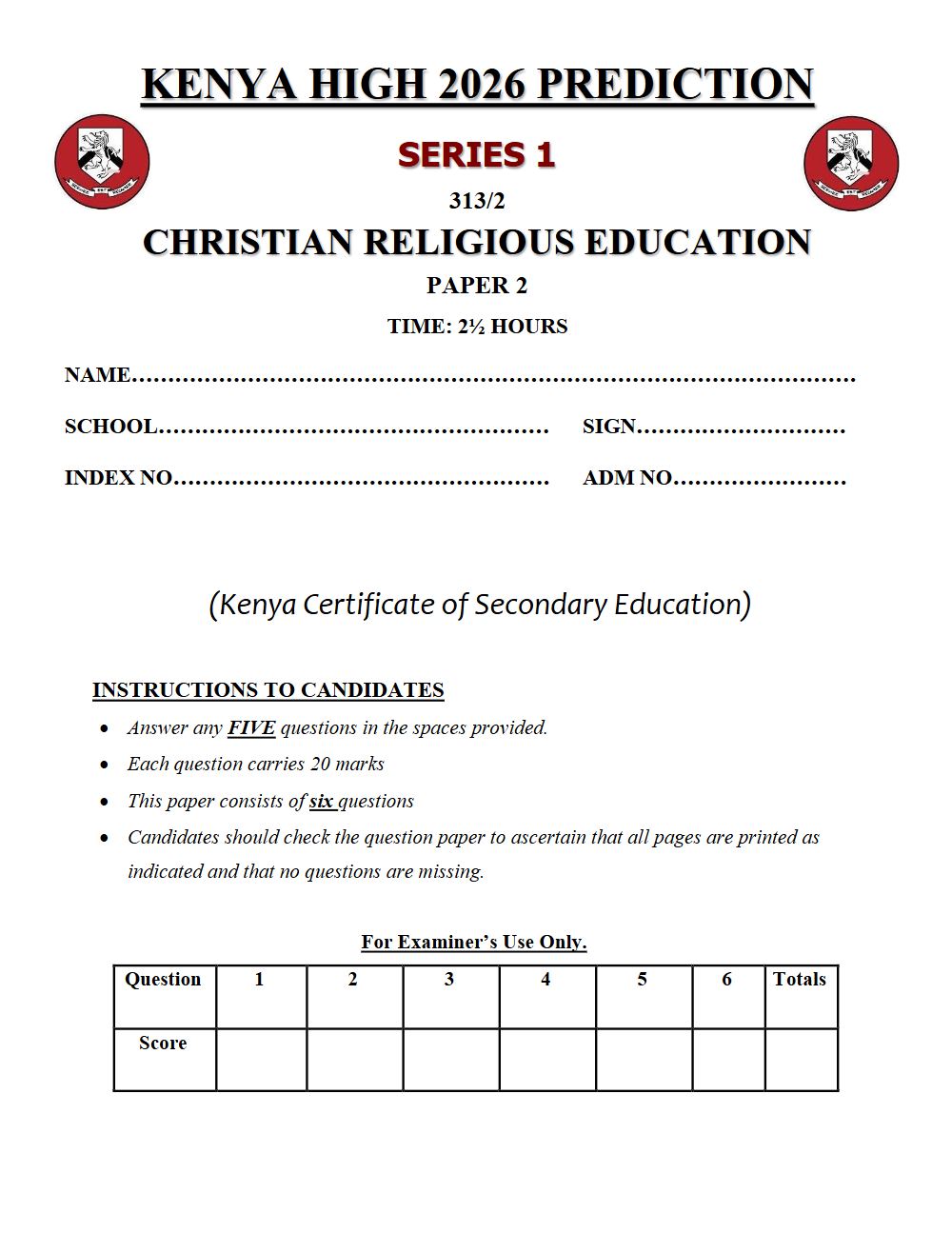 Preview of Form 4 KCSE Prediction Christian Religious Education (CRE) Paper 2 Prediction Paper 2026
