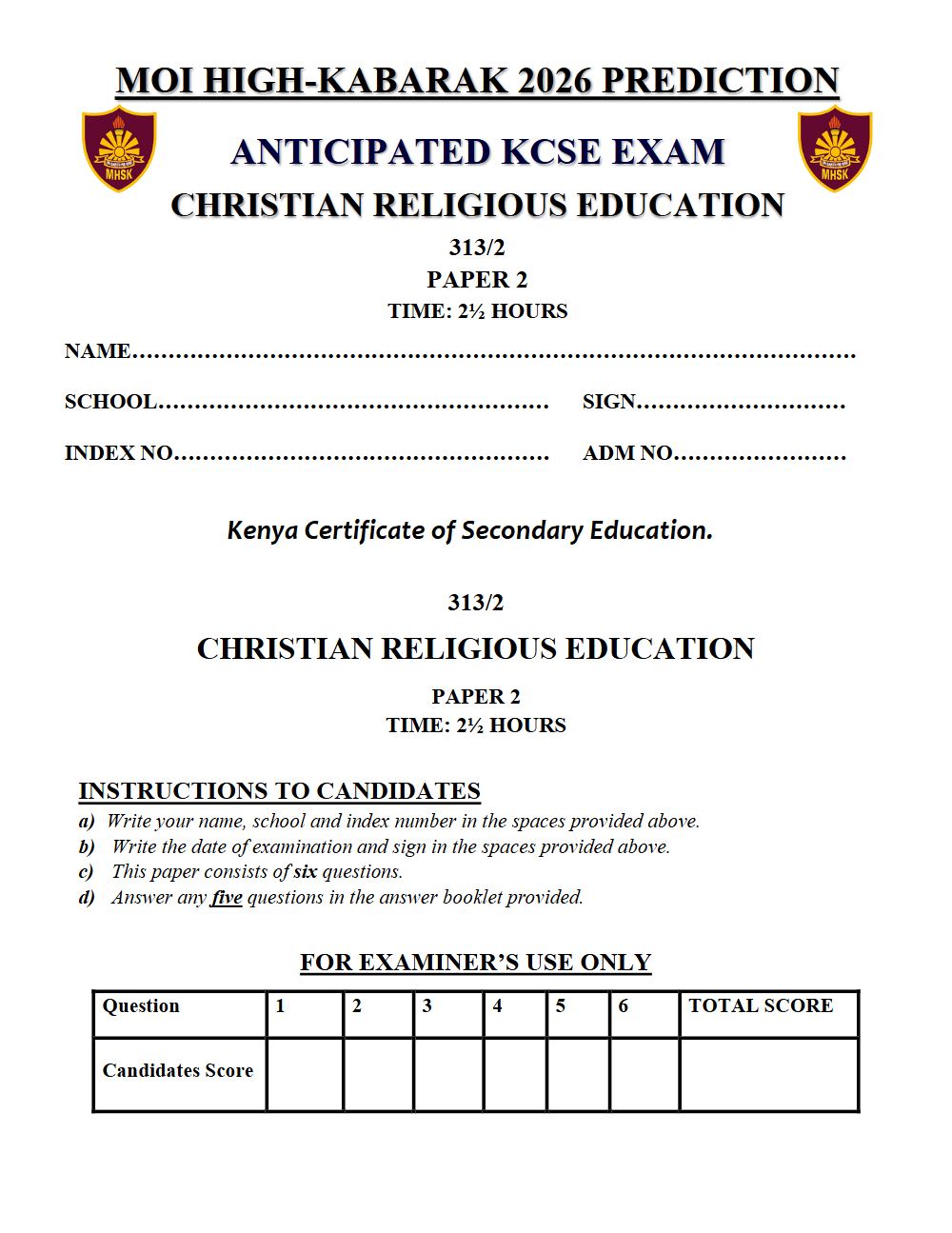 Preview of Form 4 KCSE Prediction Christian Religious Education (CRE) Paper 2 Prediction Paper 2026