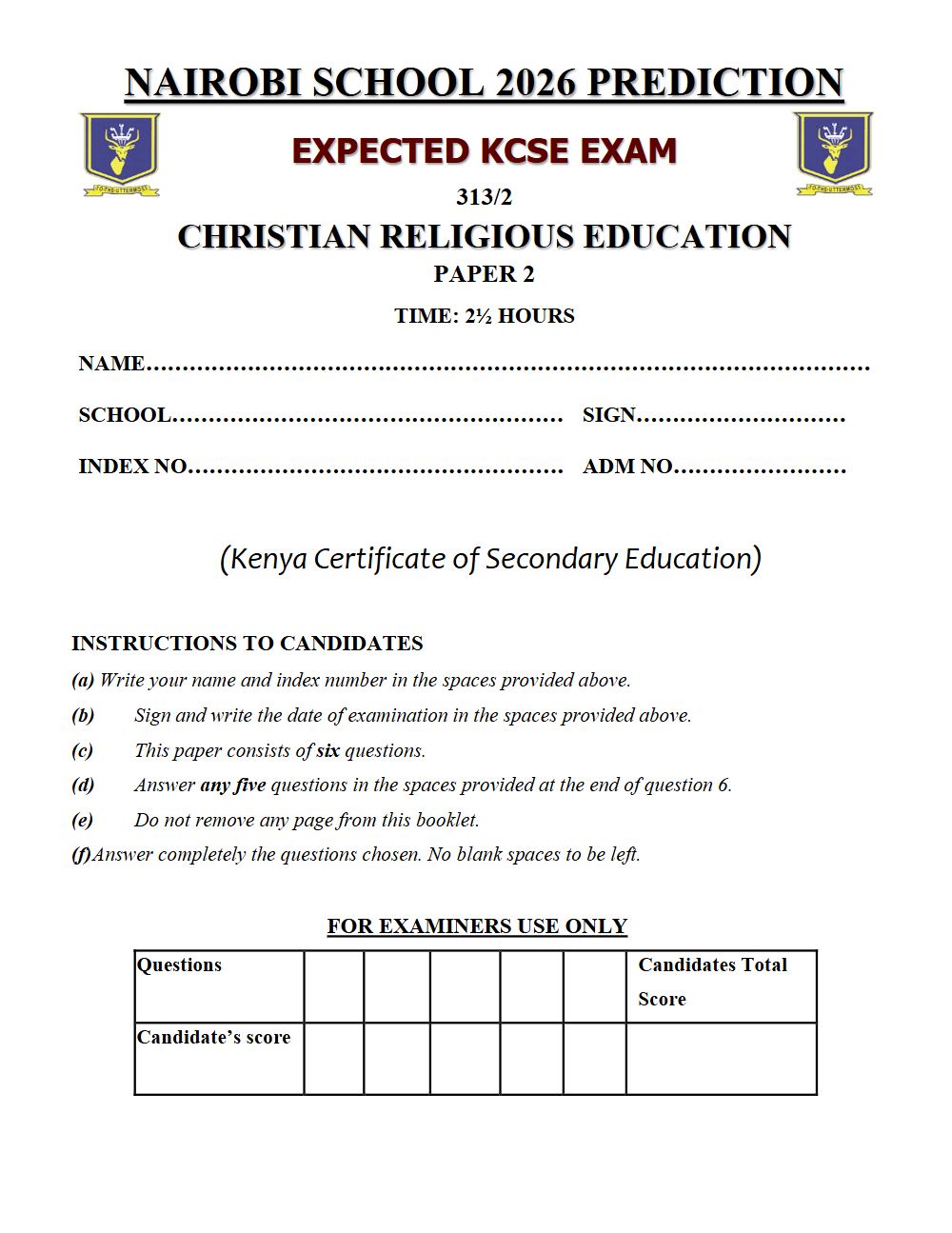 Preview of Form 4 KCSE Prediction Christian Religious Education (CRE) Paper 2 Prediction Paper 2026