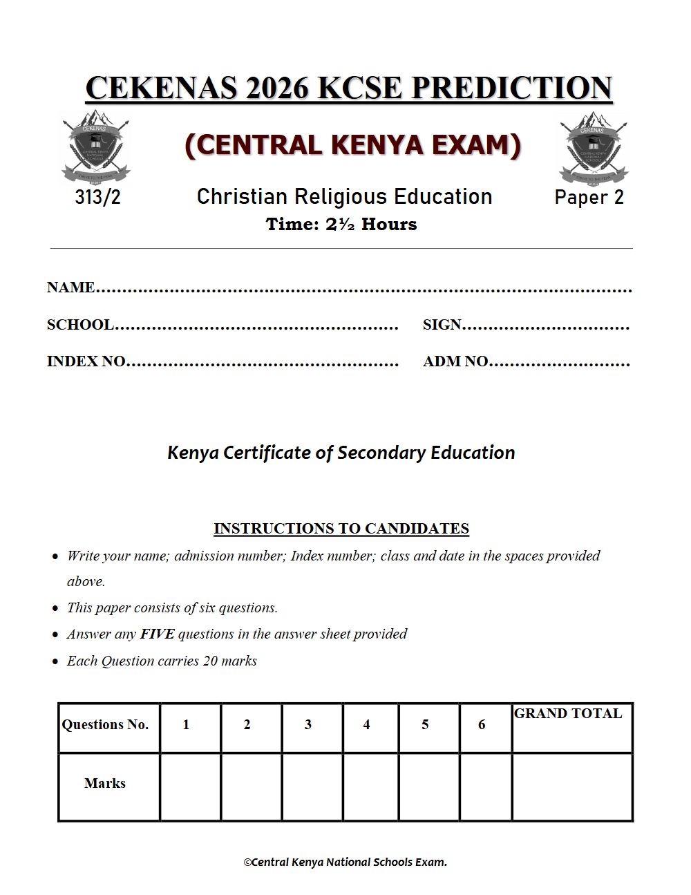 Preview of Form 4 KCSE Prediction Christian Religious Education (CRE) Paper 2 Prediction Paper 2026