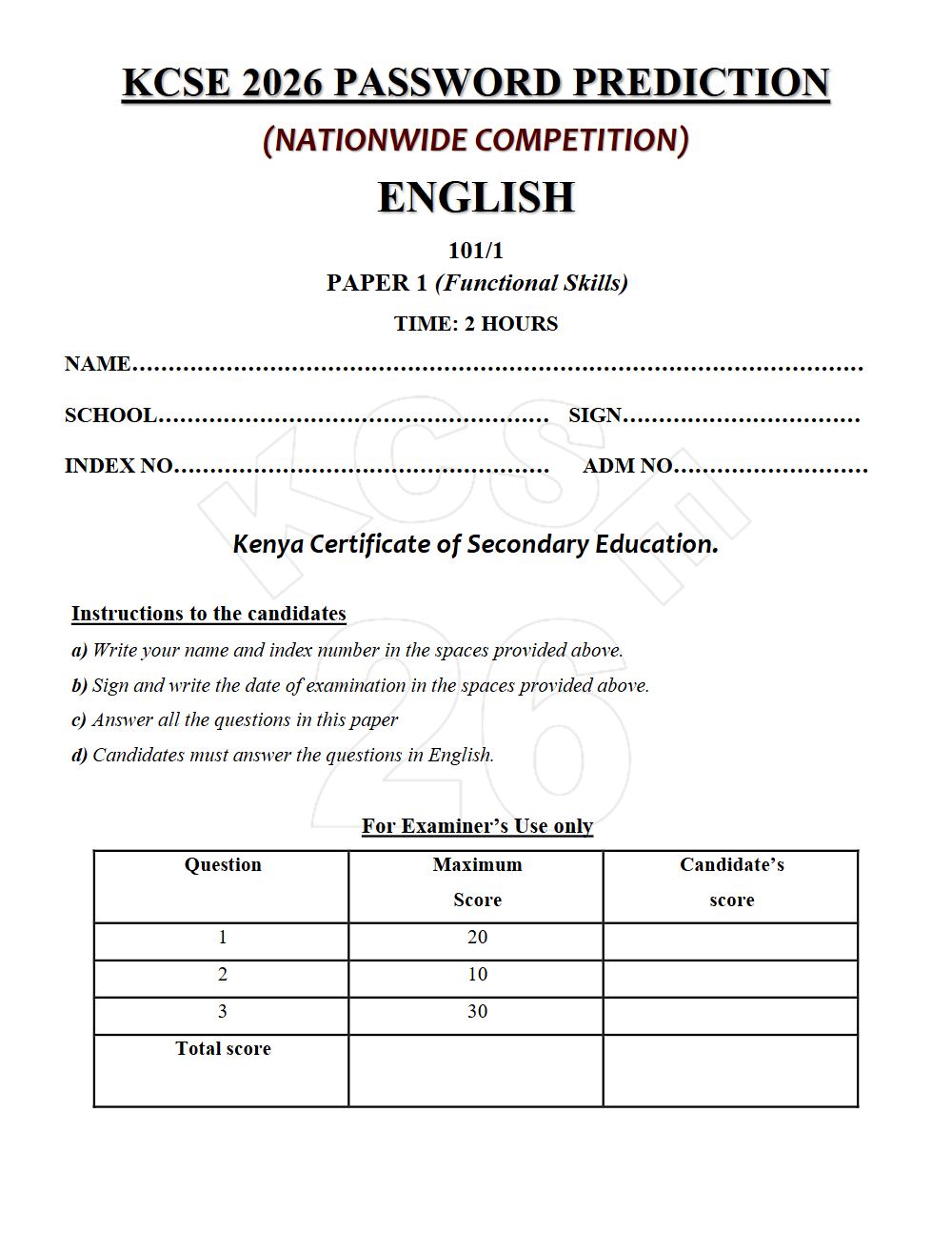 Preview of Form 4 KCSE Prediction English Paper 1 Prediction Paper 2026