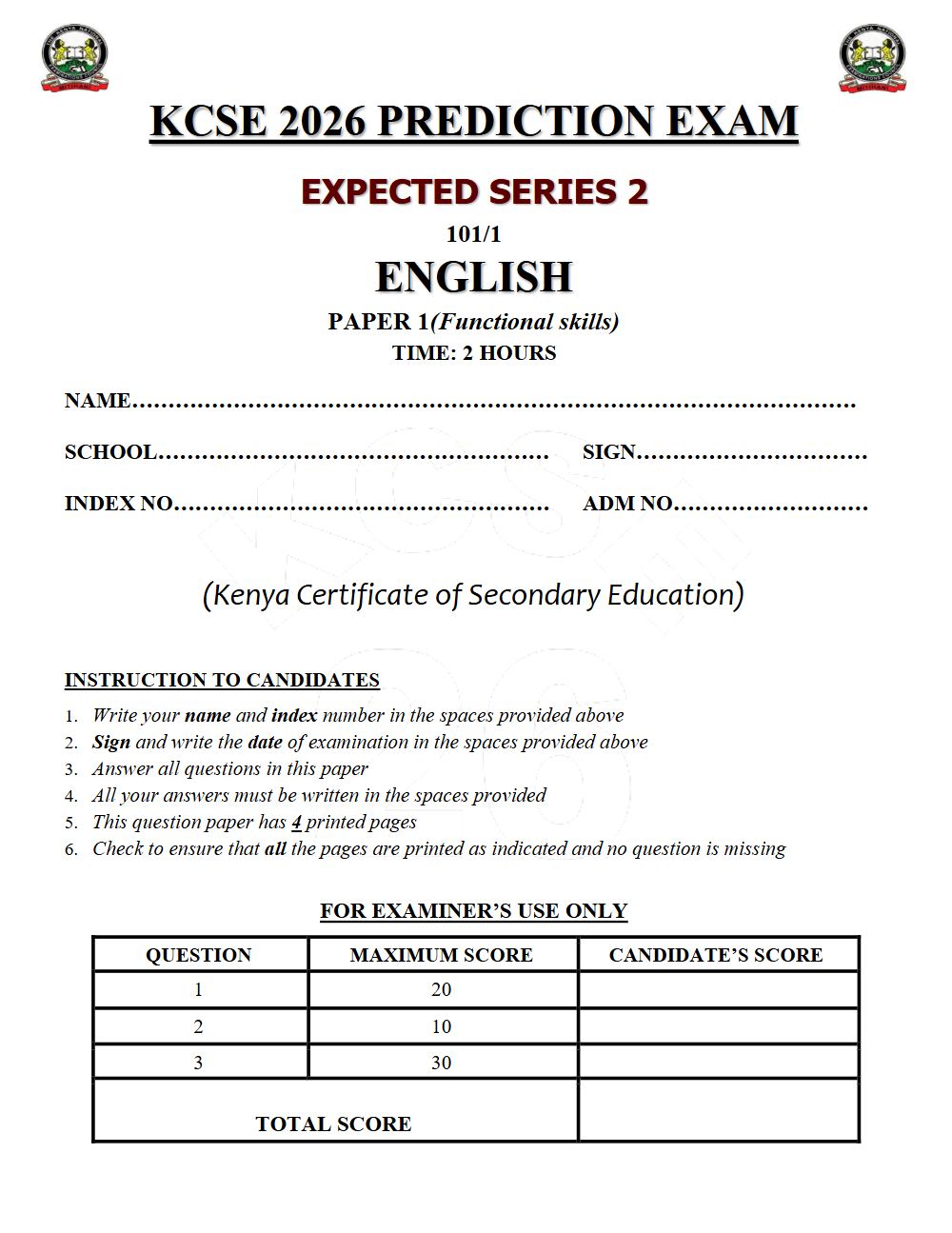 Preview of Form 4 KCSE Prediction English Paper 1 Prediction Paper 2026