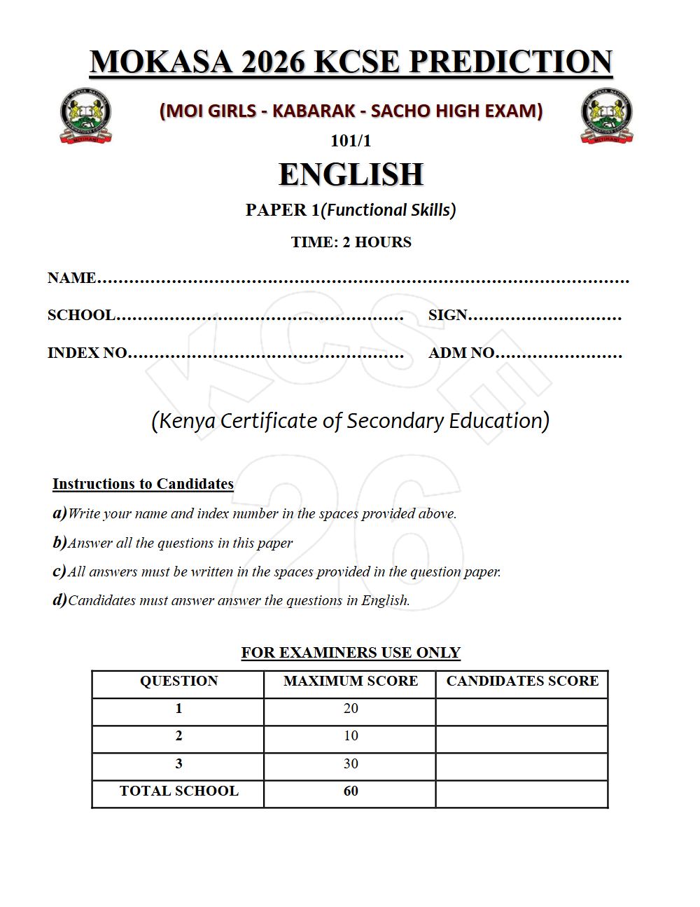 Thumbnail preview of Form 4 English Paper 1 KCSE Prediction 2026_26