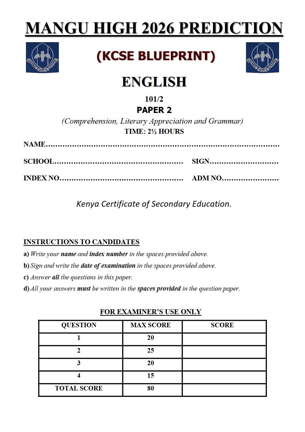 Preview of Form 4 KCSE Prediction English Paper 2 Prediction Paper 2026