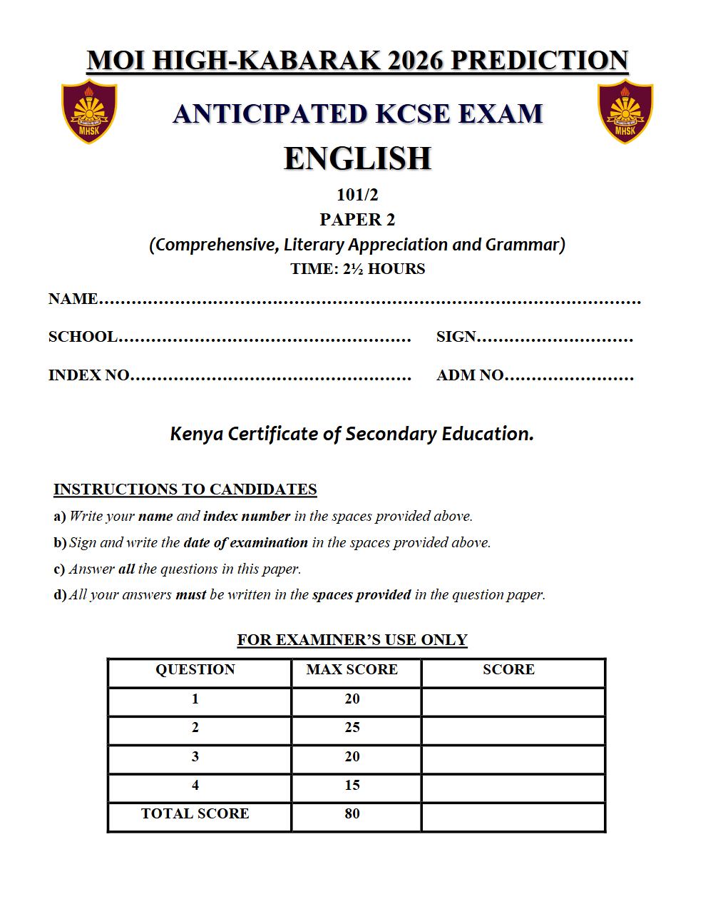 Thumbnail preview of Form 4 English Paper 2 KCSE Prediction 2026_25