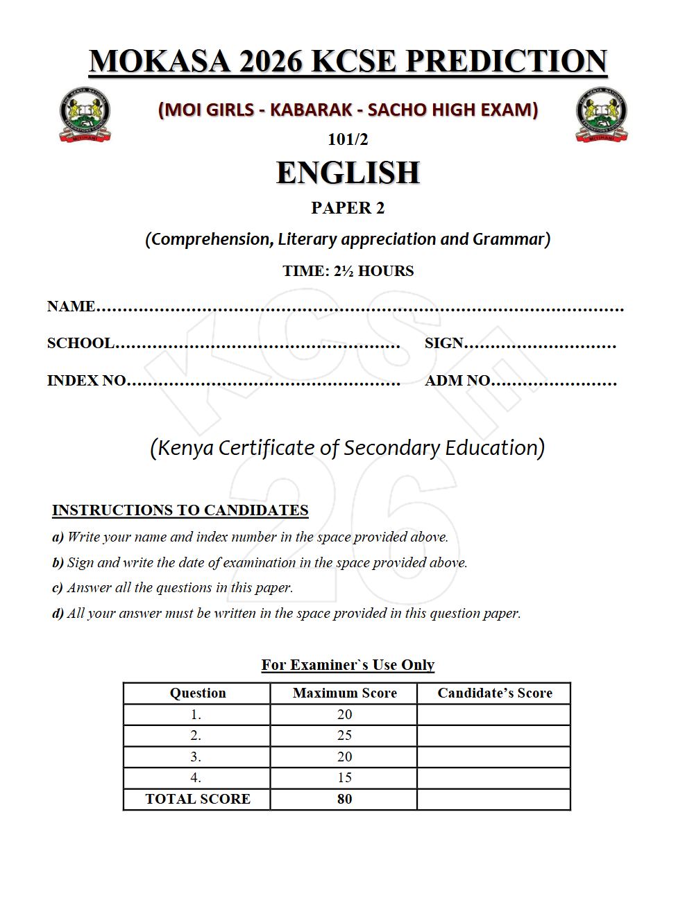 Thumbnail preview of Form 4 English Paper 2 KCSE Prediction 2026_26