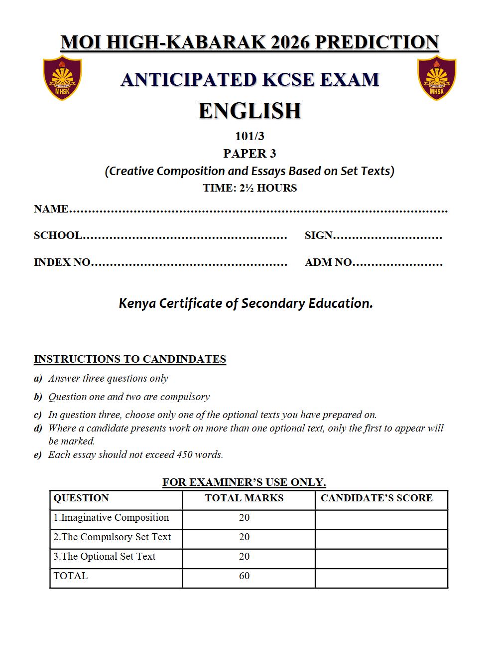 Thumbnail preview of Form 4 English Paper 3 KCSE Prediction 2026_25