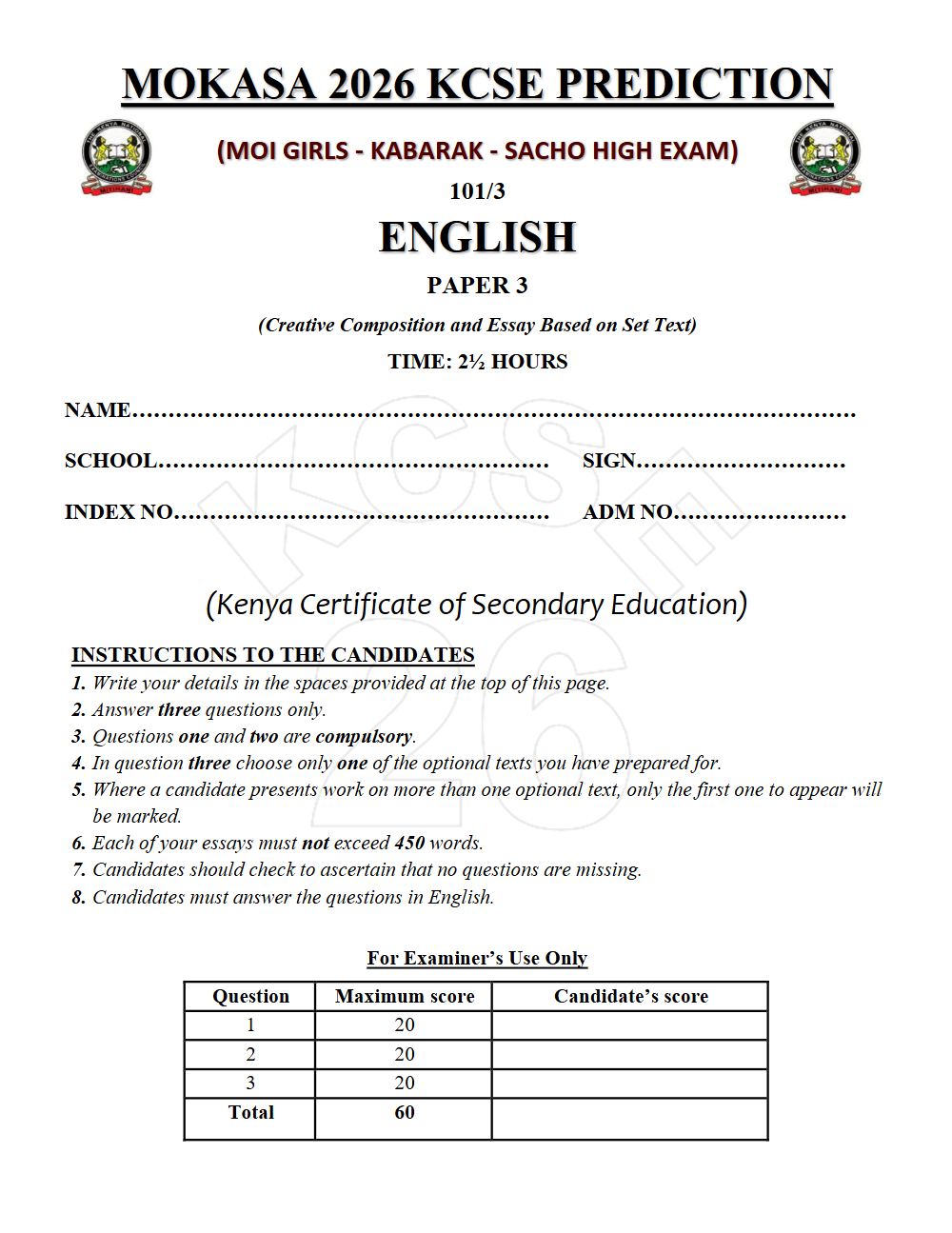Thumbnail preview of Form 4 English Paper 3 KCSE Prediction 2026_26