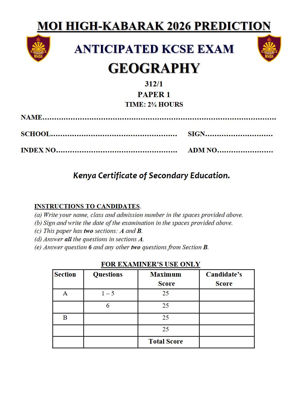 Thumbnail preview of Form 4 Geography Paper 1 KCSE Prediction 2026_25