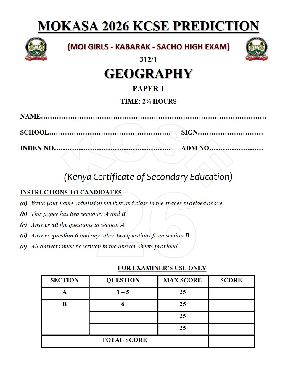 Thumbnail preview of Form 4 Geography Paper 1 KCSE Prediction 2026_26