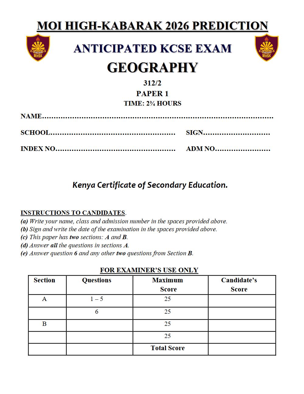 Thumbnail preview of Form 4 Geography Paper 2 KCSE Prediction 2026_25
