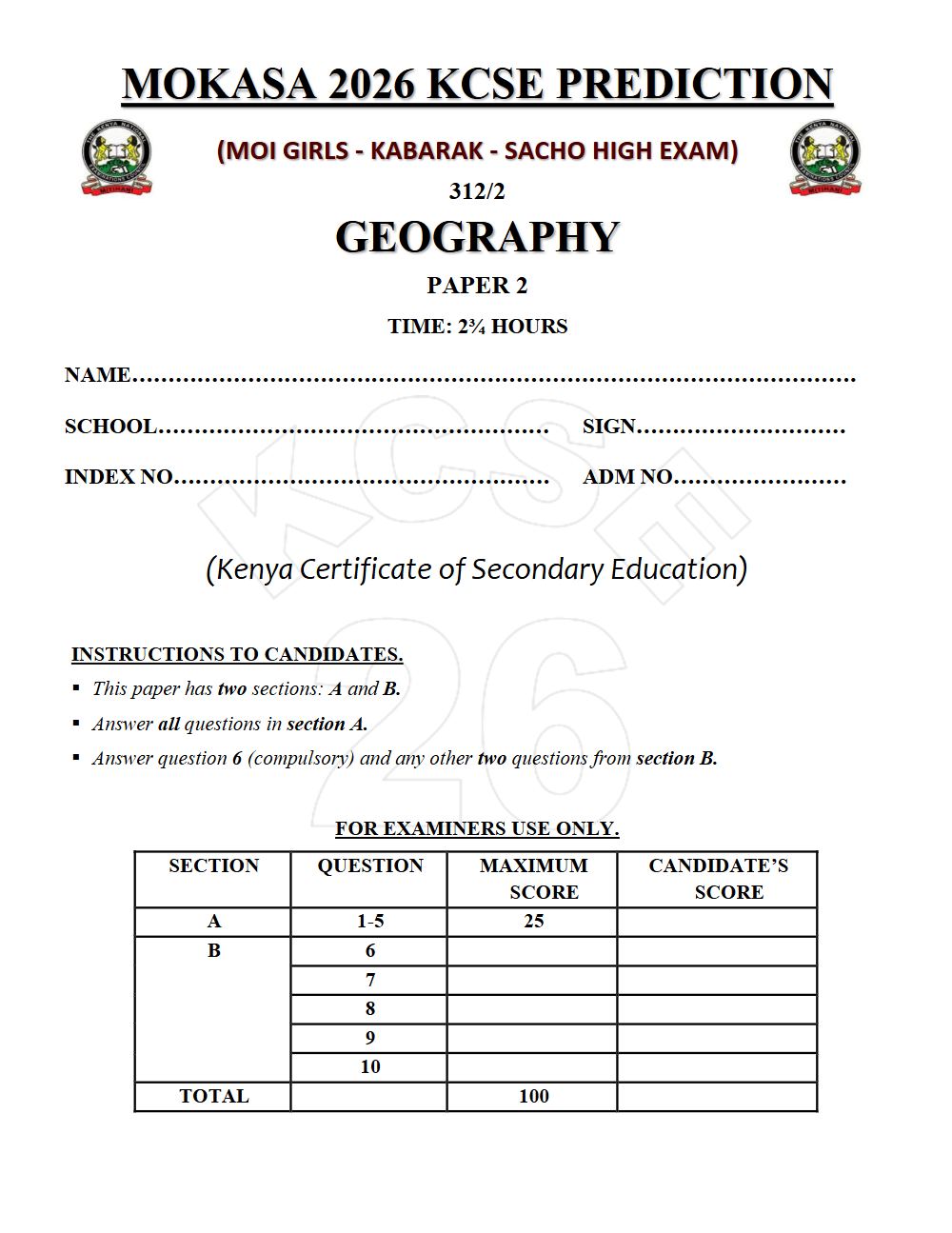 Thumbnail preview of Form 4 Geography Paper 2 KCSE Prediction 2026_26