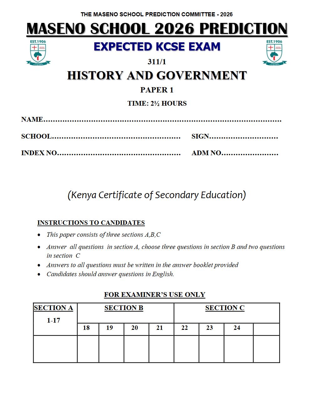 Thumbnail preview of Form 4 History and Government Paper 1 KCSE Prediction 2026_23