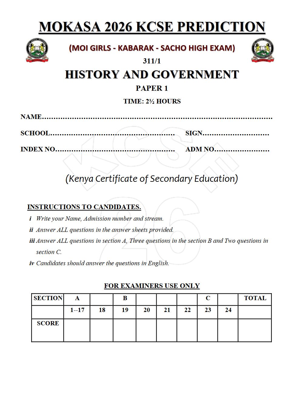 Thumbnail preview of Form 4 History and Government Paper 1 KCSE Prediction 2026_26